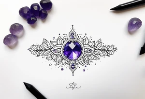 Delicate but strong garter tattoo band with sprinkles of stars and the amethyst, blue sapphire and peridot birthstones tattoo idea