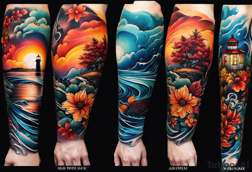 Arm sleeve with fall colors, various flowers, water flow, water splash, light house tattoo idea