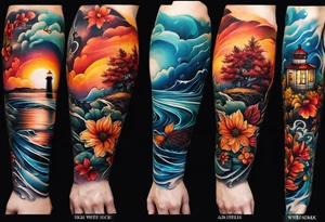 Arm sleeve with fall colors, various flowers, water flow, water splash, light house tattoo idea