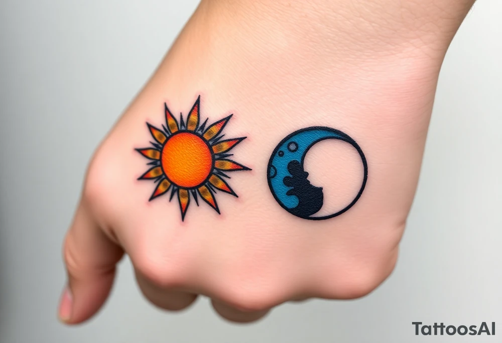 Matching sun and moon tattoos in warm orange and cool blue signify balance and harmony between father and kids. tattoo idea