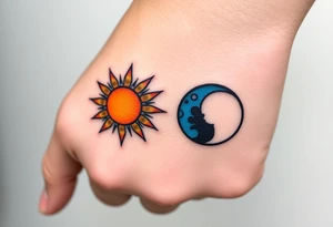 Matching sun and moon tattoos in warm orange and cool blue signify balance and harmony between father and kids. tattoo idea