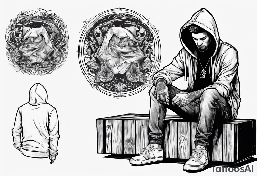 A guy in a hoodie sitting on a wooden box, looking down. tattoo idea