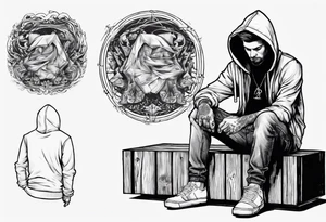 A guy in a hoodie sitting on a wooden box, looking down. tattoo idea