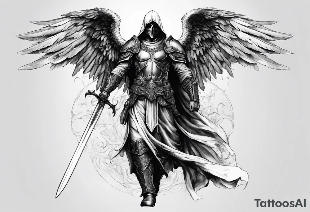realistic full body of man angel of death, without face, with armour, holding sword in right hand tattoo idea