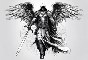 realistic full body of man angel of death, without face, with armour, holding sword in right hand tattoo idea
