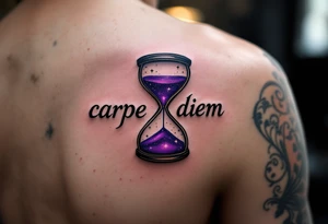 Elegant serif black ink "carpe diem" paired with a purple hourglass filled with stars, hinting at cosmic time on the back side of tight. tattoo idea