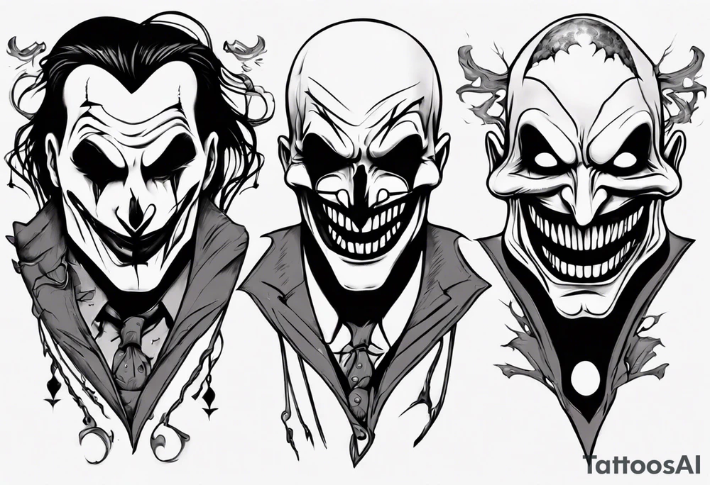 no face joker jangling with 3 sculls tattoo idea