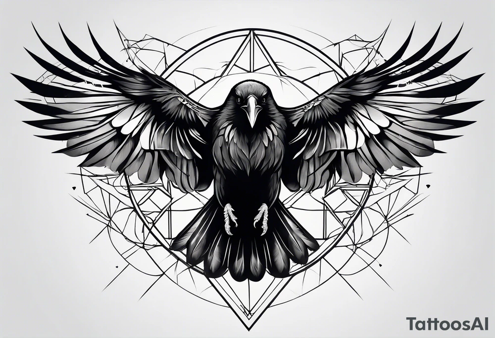 outline with straight lines of a flying raven tattoo idea