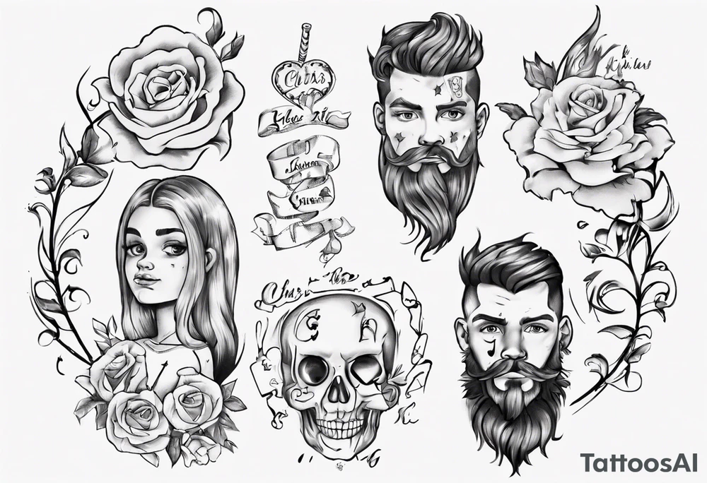 tattoo with names of kids, the names are Chris André, he is a boy and he is born 23. April 2016, and the other kid is named Emilie, she is a girl and is born 27. march 2021. tattoo idea