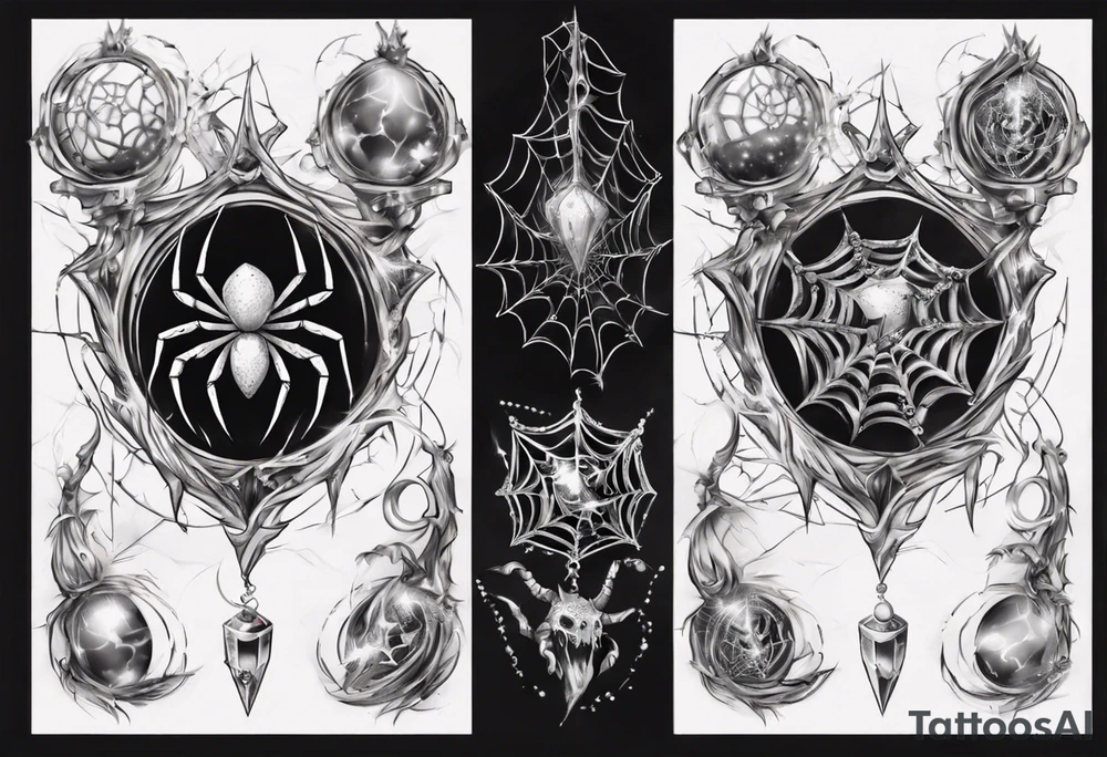Spider in a spiral spiderweb with jewels and shattered chalices and spiral unicorn horn. tattoo idea