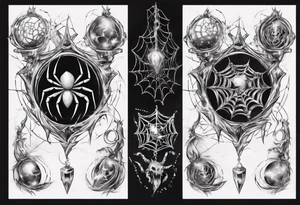 Spider in a spiral spiderweb with jewels and shattered chalices and spiral unicorn horn. tattoo idea