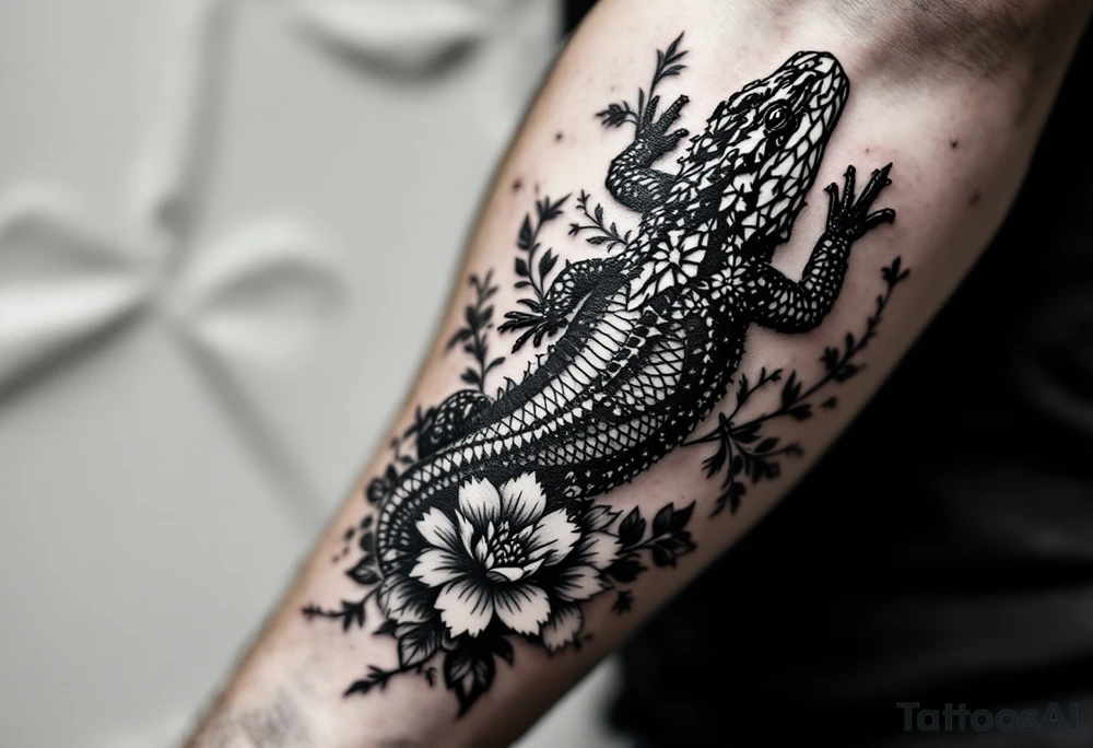 powerful big reptile, surrounded by floral ornaments tattoo idea