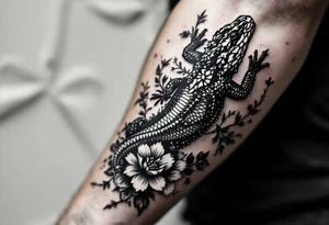 powerful big reptile, surrounded by floral ornaments tattoo idea
