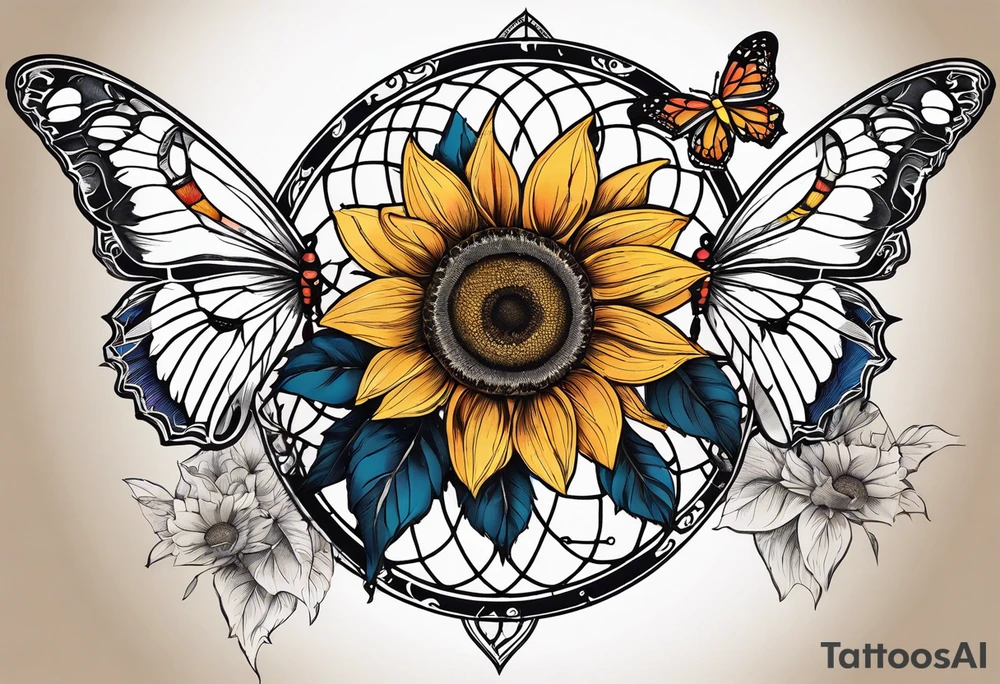 Dream catcher with sunflower in back ground with butterflies tattoo idea