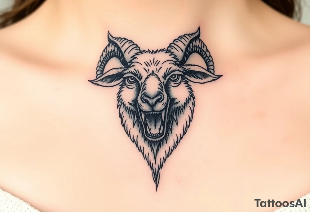 A   wolf sheep showing teeth as a mystical creature tattoo idea