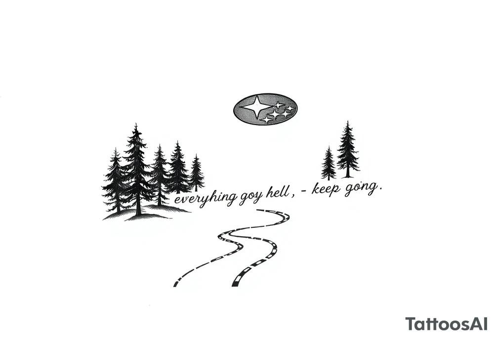 Simple starry sky with Subaru logo as constellation 

Minimalist fir trees and a winding road.

The text "When everything goes to hell - keep going." written cleanly and clearly tattoo idea