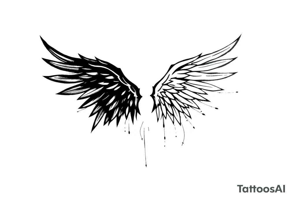 This tattoo design features a pair of asymmetrical angel wings drawn in black ink with a rough, sketch-like style. The left wing is darker, more defined, and appears denser, while the right wing is lighter, more delicate, and fragmented, creating a contrast between the two. The feathers are sharp and irregular, with fine lines and stray strokes extending outward, adding a raw and artistic feel. The overall look is dynamic and slightly chaotic, giving the impression of movement or an unfinished, ethereal form. This design symbolizes duality, freedom, transformation, or even struggle, making it a meaningful and visually striking tattoo. tattoo idea