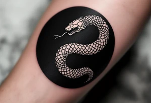 A white ouroboros (snake eating its own tail) on a black circular background, symbolizing eternal safety. tattoo idea