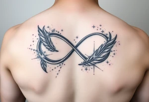 infinity symbol woven with floating feathers and stardust tattoo idea
