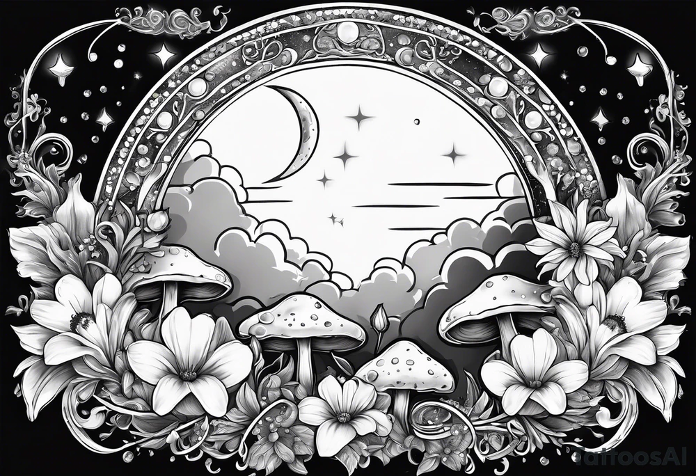 moon with crystals, mushrooms, and lily’s and daisy’s tattoo idea