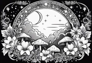 moon with crystals, mushrooms, and lily’s and daisy’s tattoo idea