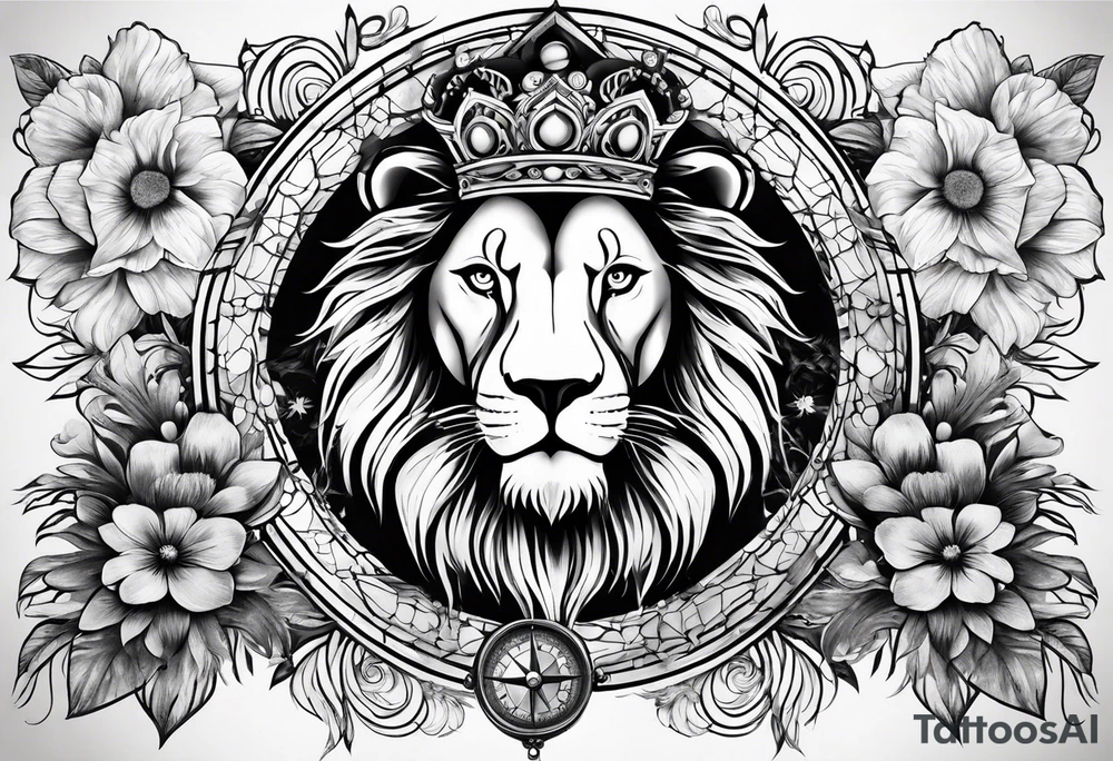 Sleeve tattoo lions head, compass, topete, daisy flower tattoo idea