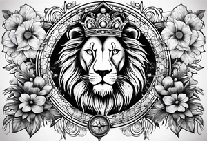Sleeve tattoo lions head, compass, topete, daisy flower tattoo idea