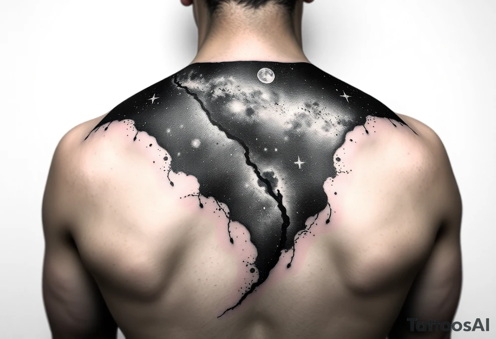 Beautiful and epic 3d milky way that appears to be what is beneath the skin. Make it drape over the shoulder and move to the middle back. use negative spaces to create stars and dust. Incorporate God breathing life into the universe. Keep it symmetrical tattoo idea