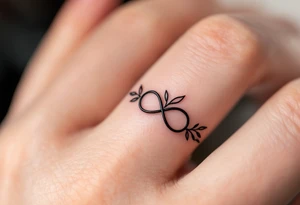 A rose band on finger with a small infinity symbol tattoo idea