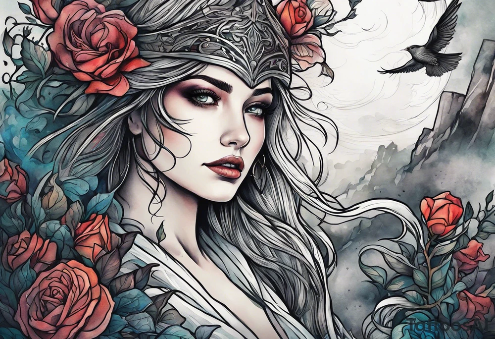 Woman walking out of a graveyard  leaving her old terrifying past behind her ethereal and mysterious tattoo idea