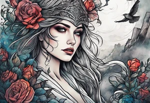 Woman walking out of a graveyard  leaving her old terrifying past behind her ethereal and mysterious tattoo idea
