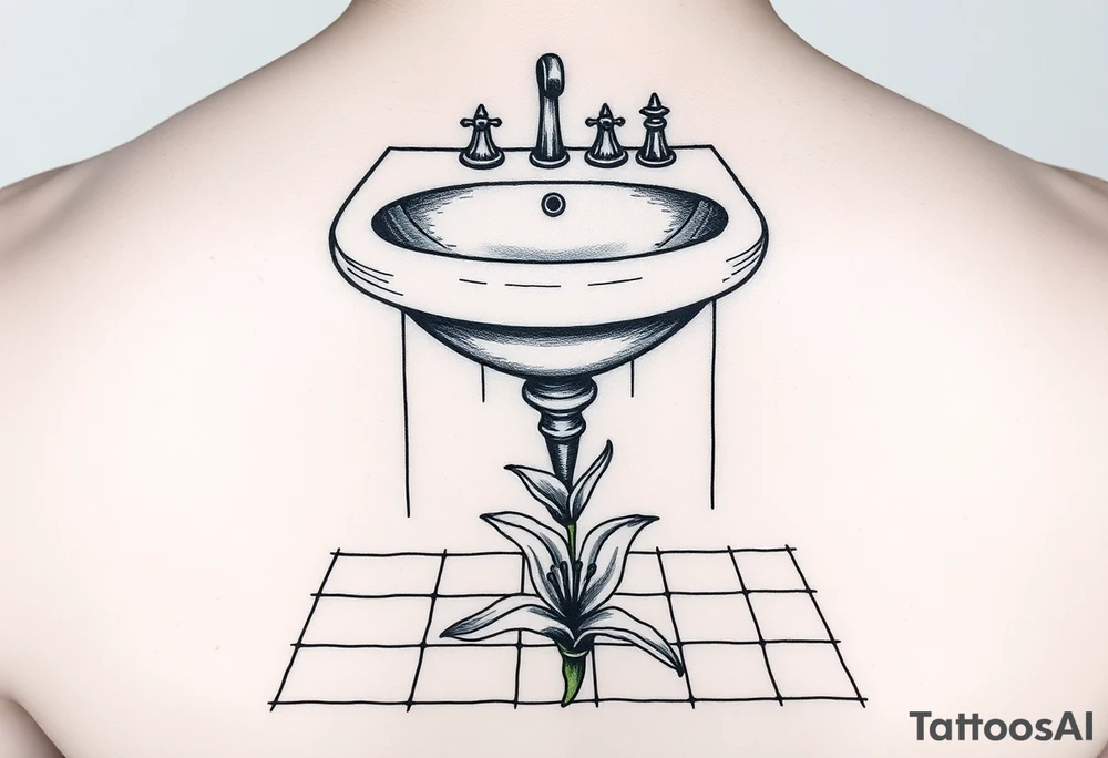 bathroom sink on tile floor with lily coming up out of the floor tattoo idea