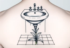 bathroom sink on tile floor with lily coming up out of the floor tattoo idea