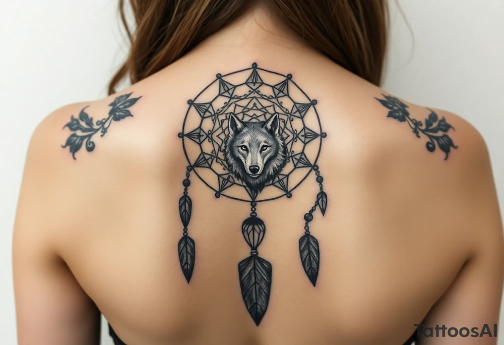 Dreamcatcher with zodiac symbols and protection runes caught in it with wolf teal tattoo idea