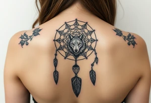 Dreamcatcher with zodiac symbols and protection runes caught in it with wolf teal tattoo idea