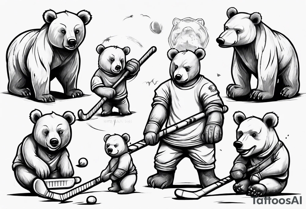 Baby bear playing hockey in front of papa bear and mama bear family tattoo idea