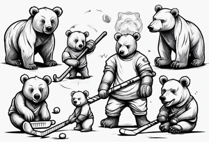 Baby bear playing hockey in front of papa bear and mama bear family tattoo idea