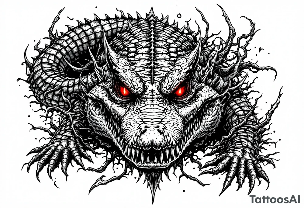 powerful aligator with red eyes, surrounded by death ornaments tattoo idea