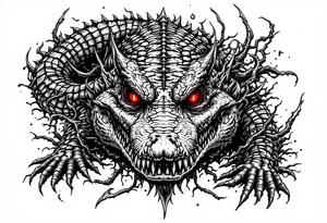 powerful aligator with red eyes, surrounded by death ornaments tattoo idea