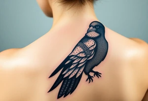 Raven with starry sky background with zodiac constellations in it with runes in sky tattoo idea