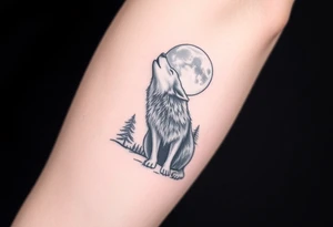 lone wolf howling at full moon with northern lights backdrop tattoo idea