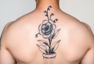 African violet, Daisy, Lily of the valley, Rose in a flower pot. Light color shading tattoo idea