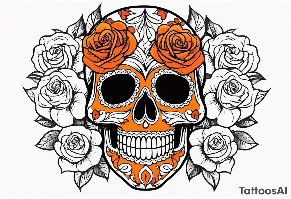 Orange Sugar skull with roses that are orange and red with smoke around it tattoo idea