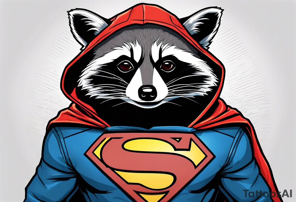 raccoon wearing a Superman hoodie tattoo idea
