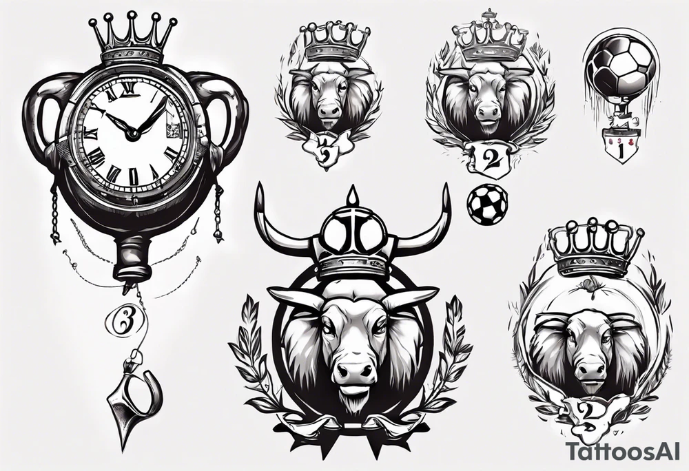 Ballon de foot avec le numéro23,  une horloge avec une couronne,  le tout avec au fond un taureau tattoo idea