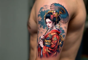 A traditional geisha in a vibrant red and gold kimono holding a delicate blue parasol. tattoo idea