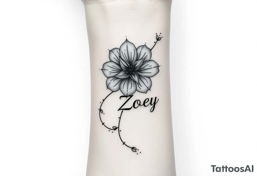 I want it on my wrist. I want a beautiful flower on the inside of my wrist with tendrils down the inside of my arm with little delicate stars or motes and the name Zoey

Why are you showing it on a back? I want it on the inside of my wrist

I want it to be a little smaller. I want the lines to be super fine. I want more organic delicate tendrils. The name Zoey should be about 3" up on the inside of my arm tattoo idea