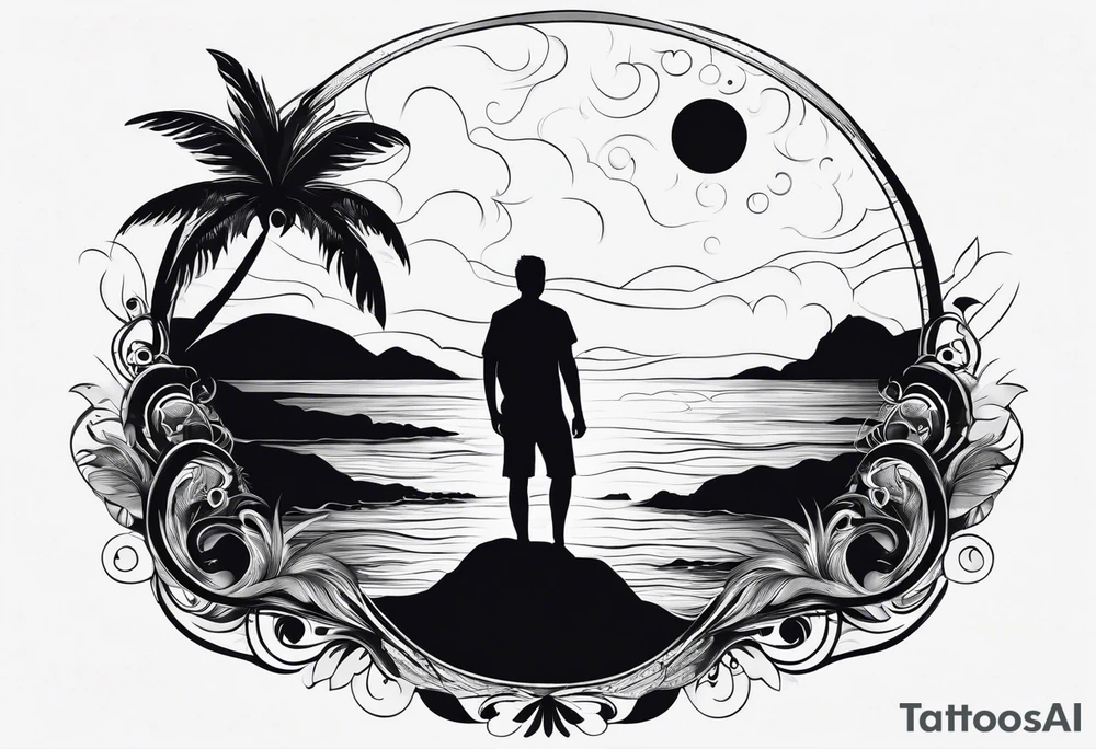 Silouhette of two people on beach water with moon tattoo idea