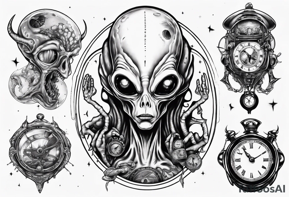 Alien holding a clock tattoo idea
