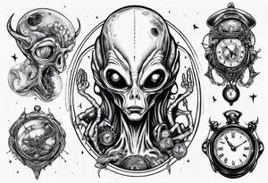 Alien holding a clock tattoo idea